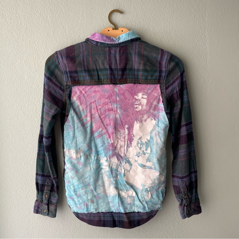 🌱5/$25🌱 Reworked | Jimi Hendrix Tie-Dyed Plaid Flannel Button Down Shirt